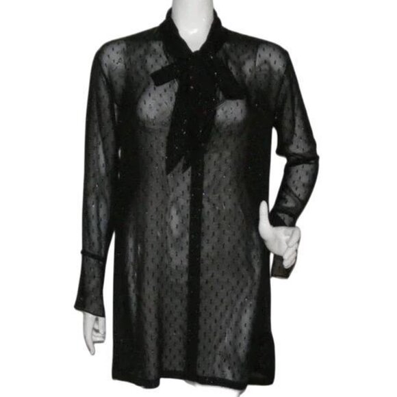 THEORY Sheer Dress, 2, NEEDS SLIP, Black, Secretary Bow, Metallic Swiss Dots - Picture 1 of 12